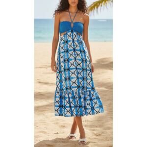 NWOT AQUA Blue Crochet Halter Batik Print Midi Dress Boho Resort Size Medium